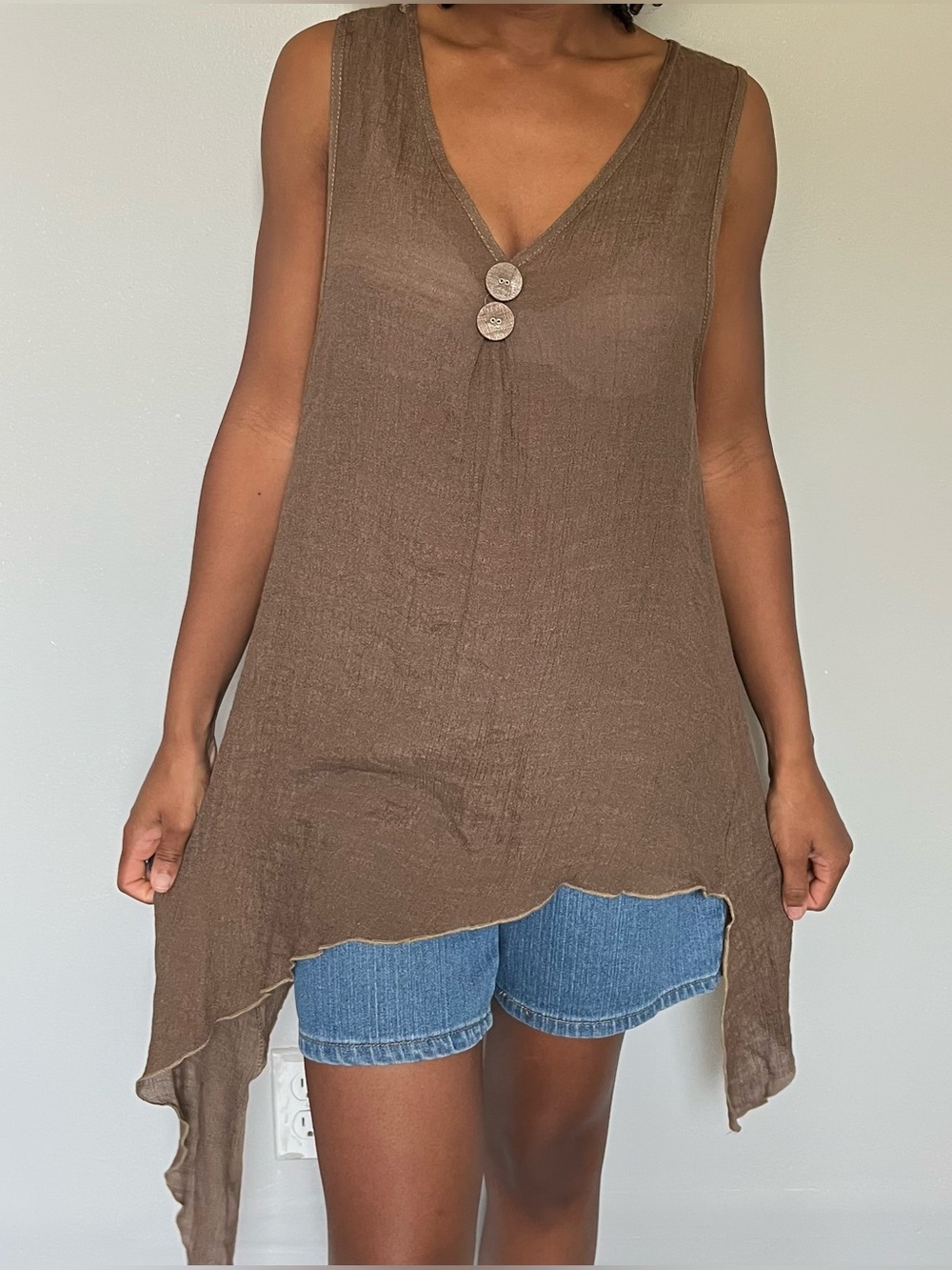 Brown boho fairy asymmetrical linen blend oversized fit tank top